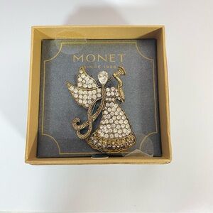 Monet Angel Brooch Pin with Rhinestones and Trumpet